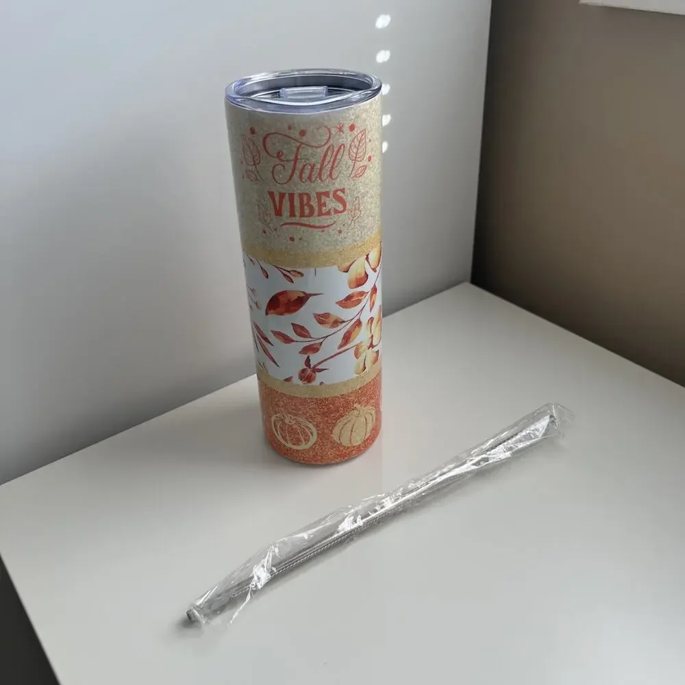 Custom Printed 20oz Tumbler Fall Vibes Lid Straw And Straw Cleaner